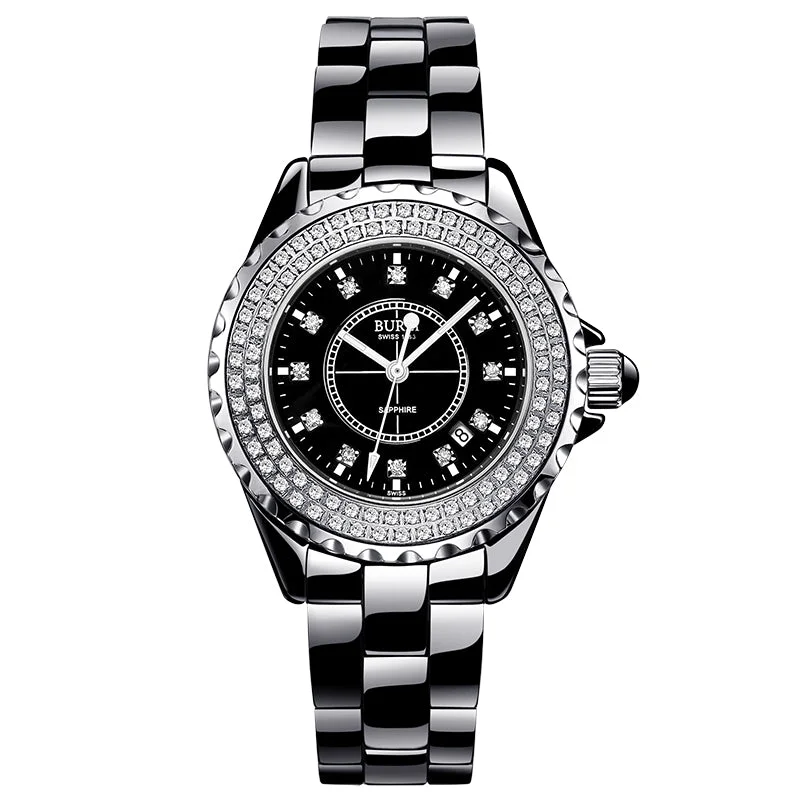 BUREI 18003 Switzerland watch women luxury brand J12 series Austria diamond Ceramic calendar Double black relogio feminino