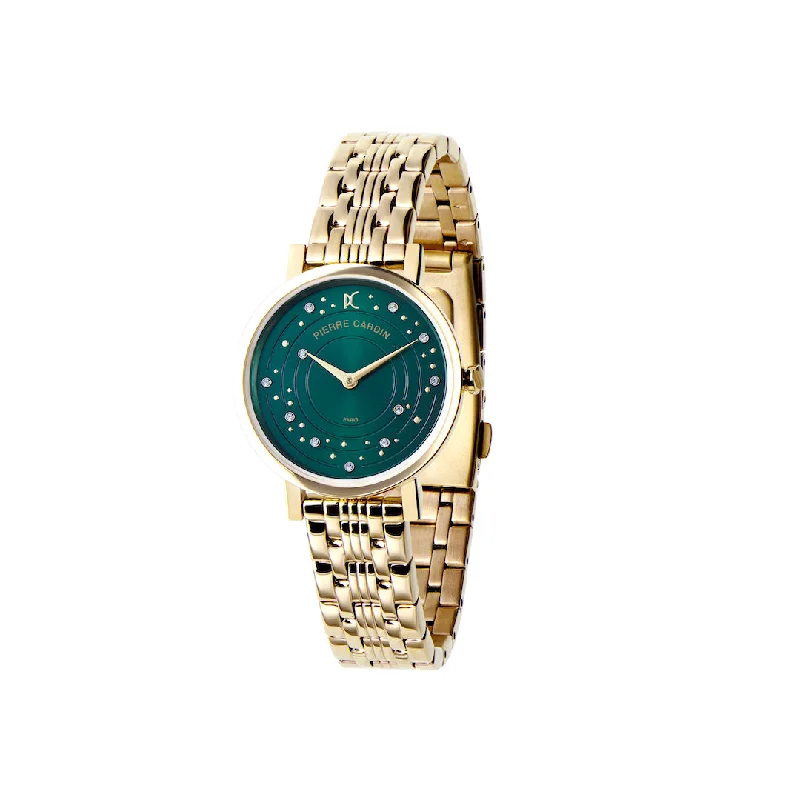 Canal St Martin Circles Gold Watch with Crystals and Green Dial