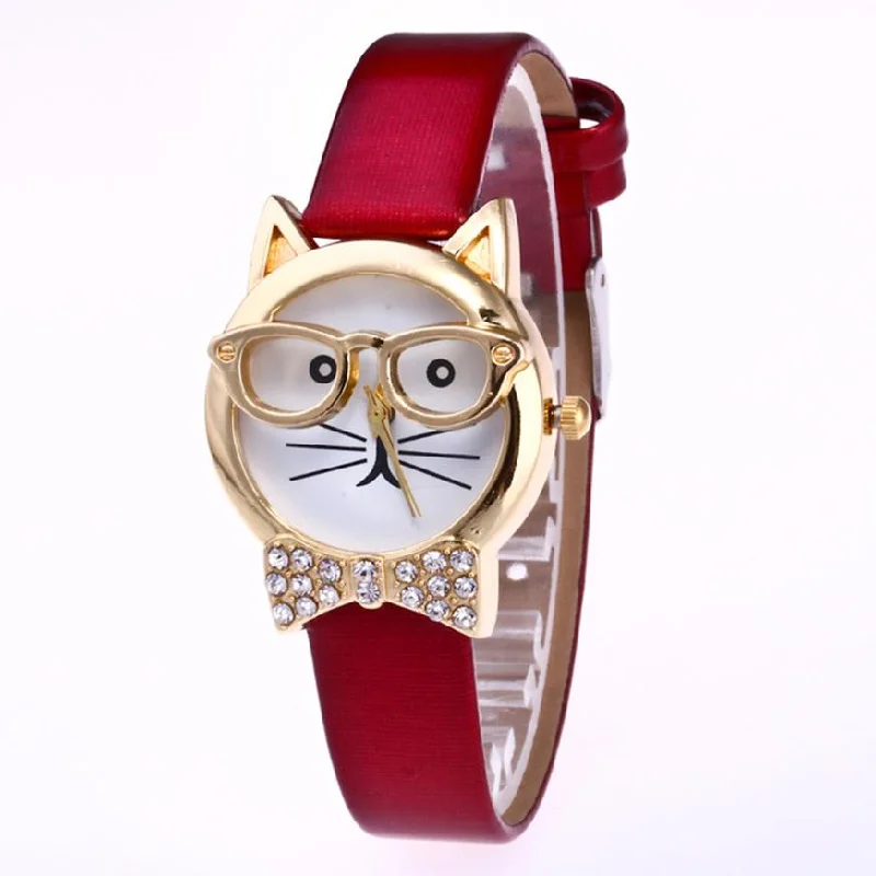 Cute Glasses Cat Women Analog Quartz Dial Wrist Watch Womens Watches Top Brand Luxury Women Watches