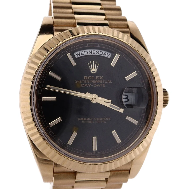 Estate Rolex 18 Karat Yellow Gold Gents Oyster Perpetual 40mm Day-Date Black Dial Fluted Bezel President Bracelet 228238 with Box C.2011+