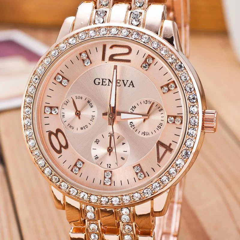 Gold Crystal Geneva Casual Quartz Watch Women Stainless Steel Dress Watches