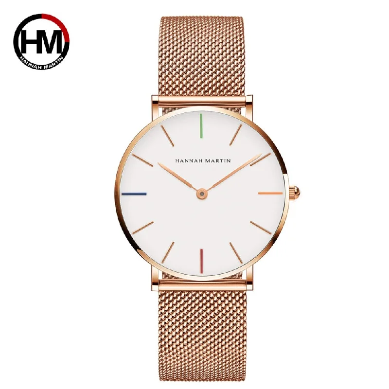 Japan Quartz Movement High Quality 36mm hannah Martin Women Stainless Steel Mesh Rose Gold Waterproof Ladies Watch