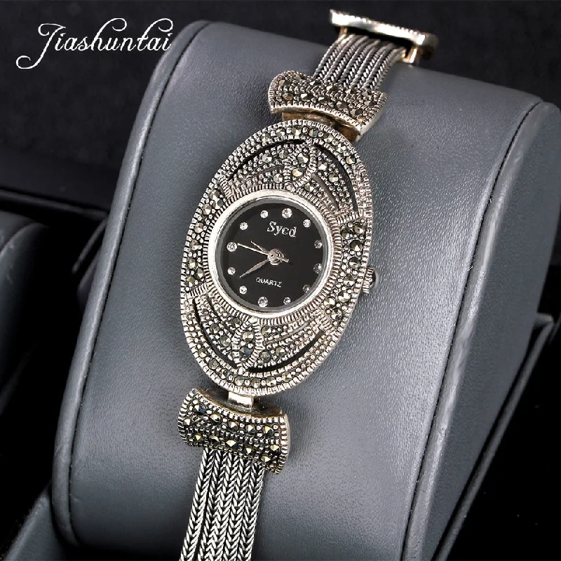 JIASHUNTAI Retro 100% 925 Sterling Silver Watch For Women Round Vintage Thai Silver Clock Female Bracelets Watch Jewelry (Watch)