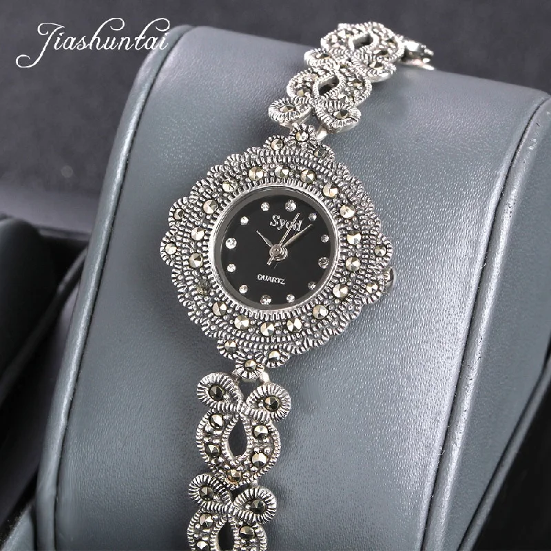 JIASHUNTAI Vintage 100% Silver 925 Watch For Women Retro 925 Sterling Silver Clock Female Fashion Bracelets Watch Jewelry (Silver Watch)