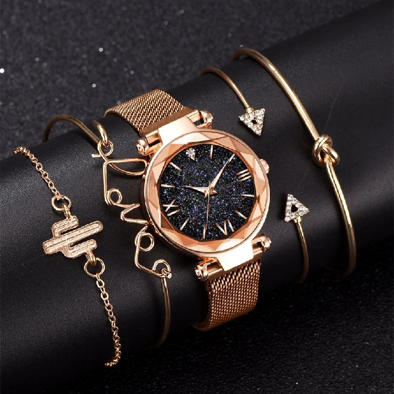 Luxury Brand Rose Gold Starry Sky Dial Watches Women Ladies Crystal Bracelet Quartz Wrist Watch 5 PCS Set