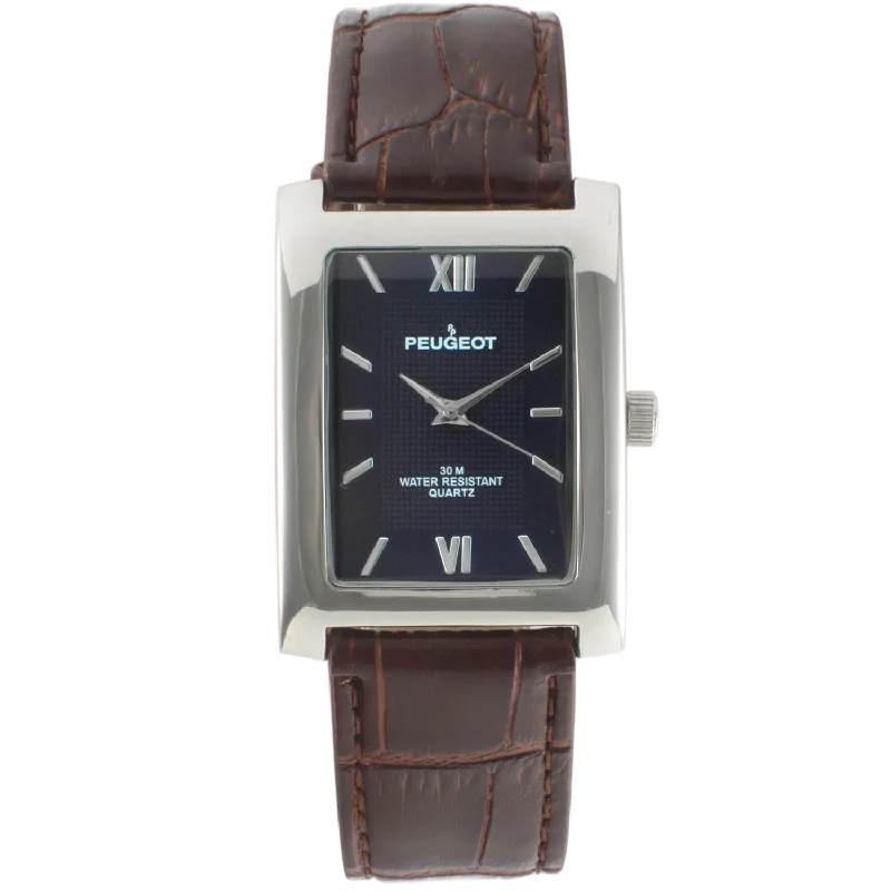 Men's 30X40mm Silver Tank Shape Watch with Blue Dial and Brown Leather Strap