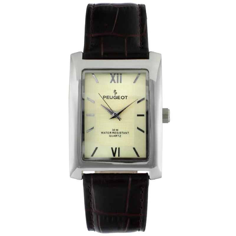 Men's 30X40mm Silver Tank Shape Watch with Textured Dial Black Leather Strap