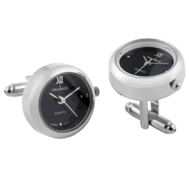 Men's Silver Black Real Working Time Cufflinks