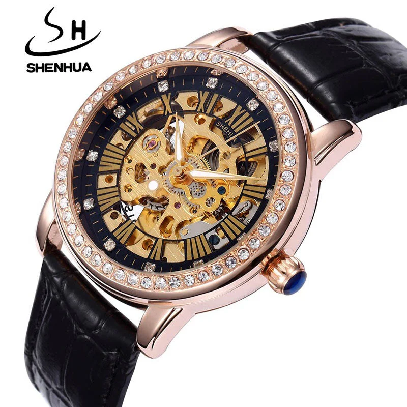 New Automatic Womens Watches Self-Wind Skeleton Watches for Women Luxury Brand Waterproof Mechanical Rhinestone Watches Leather