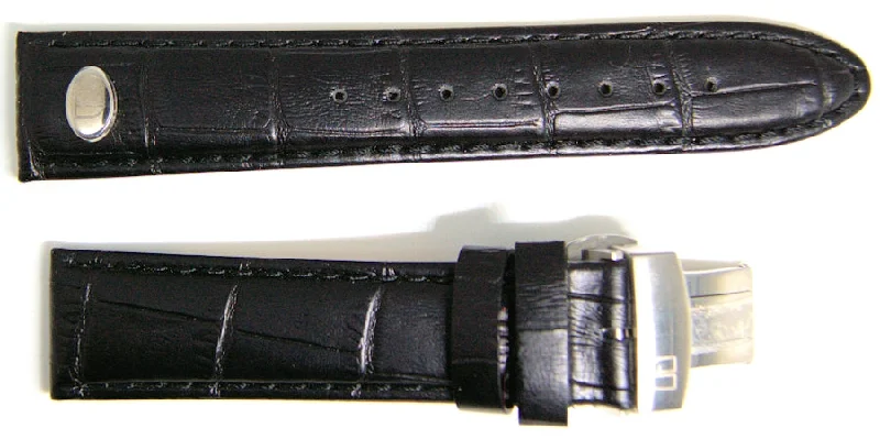 NOS 20mm black leather watch strap with stainless deployant