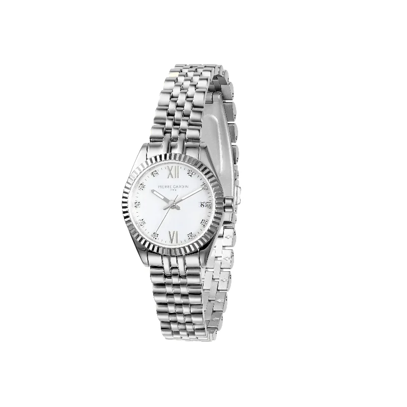 Opera Stainless Steel Date Watch with Fluted Bezel and Crystals on a Mother of Pearl Dial