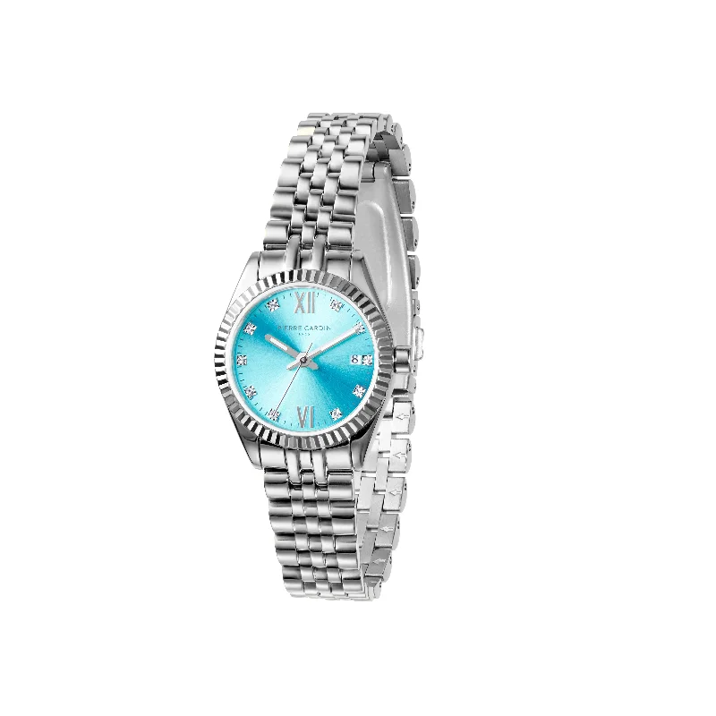 Opera Stainless Steel Date Watch with Fluted Bezel and Crystals on a Tiffany Blue Dial