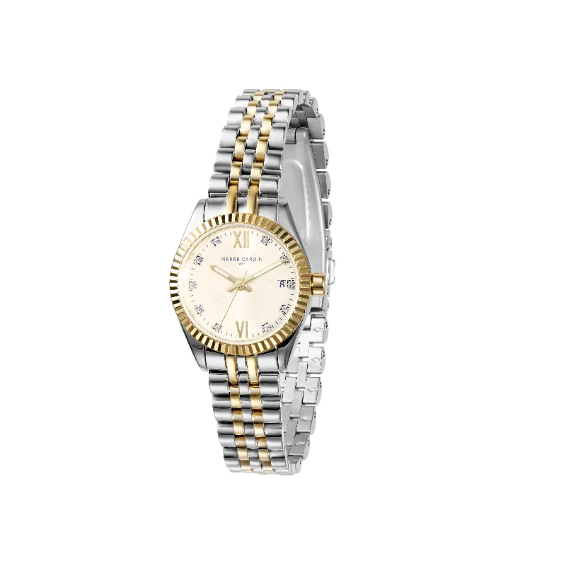 Opera Two Tone Gold and Stainless Steel Date Watch with Fluted Bezel and Crystals on a Champagne Dial