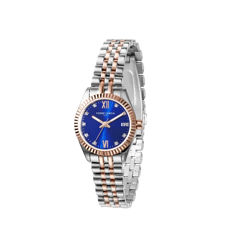 Opera Two Tone Rose Gold and Stainless Steel Date Watch with Fluted Bezel and Crystals on a Blue Dial