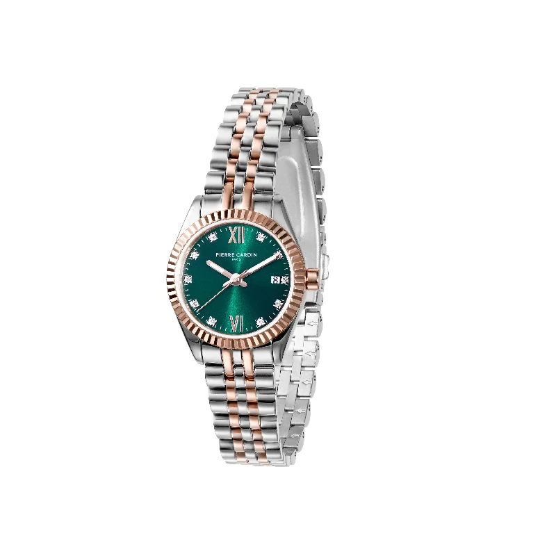 Opera Two Tone Rose Gold and Stainless Steel Date Watch with Fluted Bezel and Crystals on a Green Dial