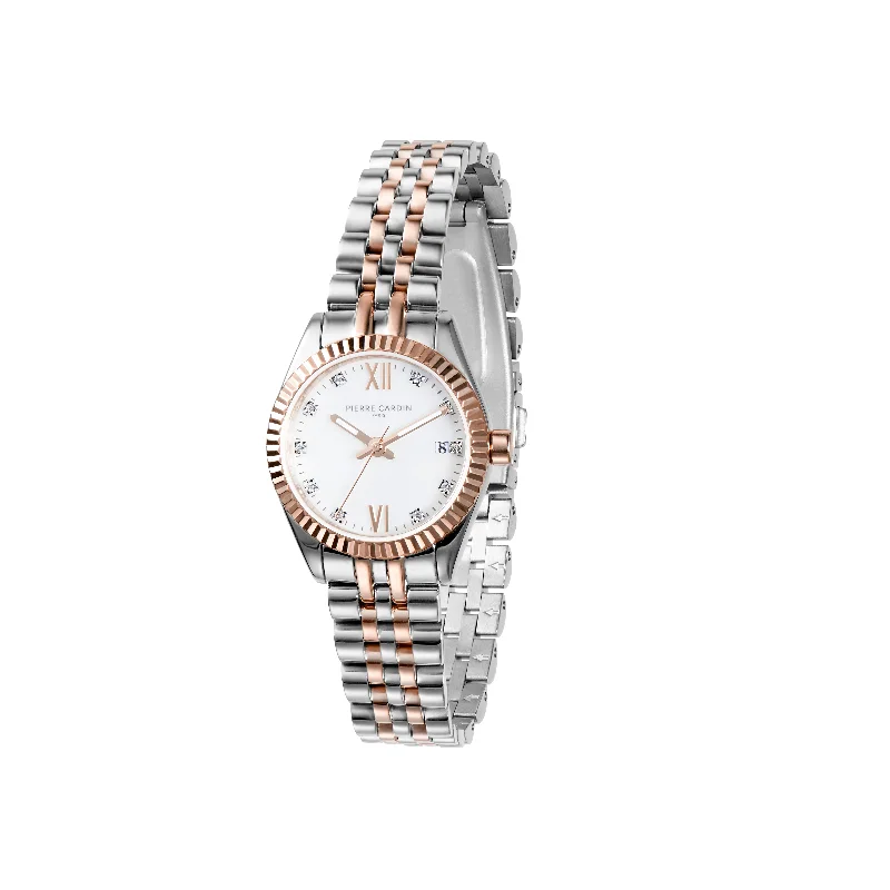 Opera Two Tone Rose Gold and Stainless Steel Date Watch with Fluted Bezel and Crystals on a Mother of Pearl Dial