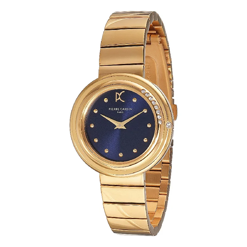 Passy Météore Ladies’ Watch - Gold Case with Blue Dial, Crystal Bezel, and Metal Link Strap