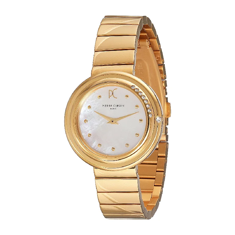 Passy Météore Ladies’ Watch - Gold Case with White Mother of Pearl Dial, Crystal Bezel, and Metal Link Strap