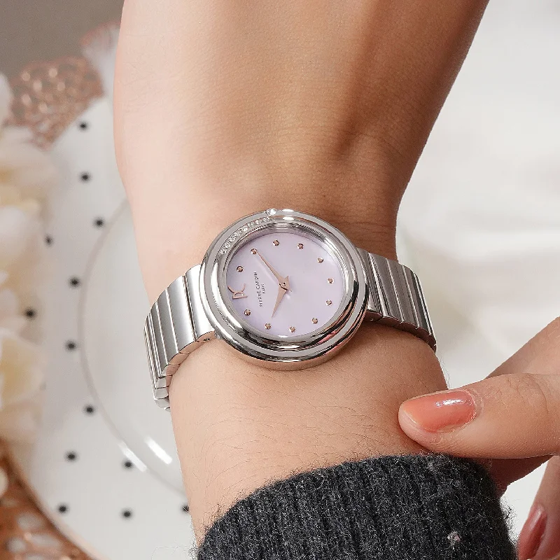 Passy Météore Ladies’ Watch - Silver Case with Pink Mother of Pearl Dial, Crystal Bezel, and Metal Link Strap