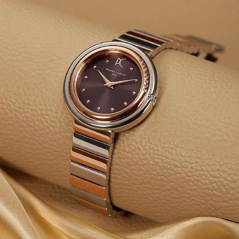 Passy Météore Ladies’ Watch - Two-Tone Rose Gold & Silver Case with Plum Dial, Crystal Bezel, and Metal Link Strap