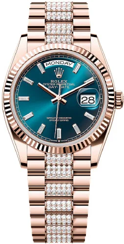 Rolex Day-Date 36 36mm Blue Green Diamond-Set Dial Fluted Bezel President Bracelet - 128235 | 2024 Model