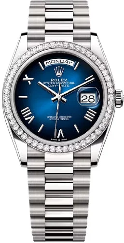 Rolex Day-Date 36 36mm Blue Ombré Dial Diamond-Set Bezel President Bracelet - 128349RBR | 2024 Model