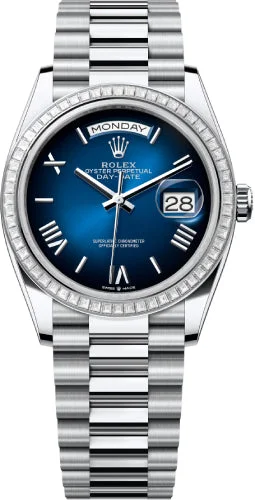 Rolex Day-Date 36 36mm Blue Ombré Roman Dial Diamond-Set Bezel President Bracelet - 128396TBR | 2024 Model