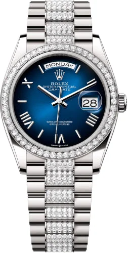 Rolex Day-Date 36 36mm Blue Ombré Roman Dial Diamond-Set Bezel with Diamond-Set President Bracelet - 128349RBR | 2024 Model