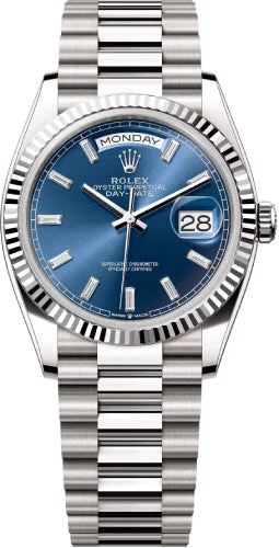 Rolex Day-Date 36 36mm Bright Blue Diamond-Set Dial Fluted Bezel President Bracelet - 128239 | 2024 Model