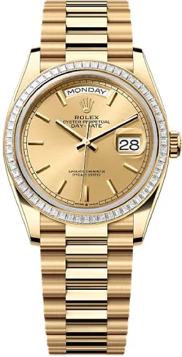 Rolex Day-Date 36 36mm Champagne Stick Dial Diamond-Set Bezel President Bracelet - 128398TBR | 2024 Model