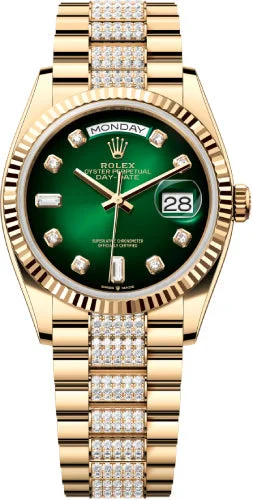 Rolex Day-Date 36 36mm Green Ombré Diamond-Set Dial Fluted Bezel with Diamond-Set President Bracelet - 128238 | 2024 Model