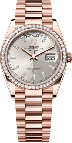 Rolex Day-Date 36 36mm Silver Diamond-Set Dial Diamond Bezel President Bracelet - 128345RBR | 2024 Model