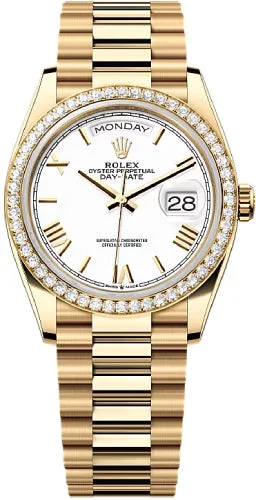 Rolex Day-Date 36 36mm White Dial Diamond-Set Bezel President Bracelet - 128348RBR | 2024 Model