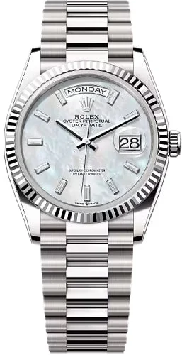 Rolex Day-Date 36 36mm White MOP Diamond-Set Dial Fluted Bezel President Bracelet - 128239 | 2024 Model