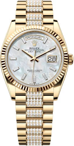 Rolex Day-Date 36 36mm White MOP Diamond-Set Dial Fluted Bezel with Diamond-Set President Bracelet - 128238 | 2024 Model