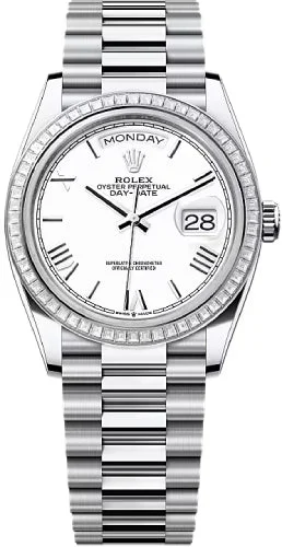 Rolex Day-Date 36 36mm White Roman Dial Diamond-Set Bezel President Bracelet - 128396TBR | 2024 Model