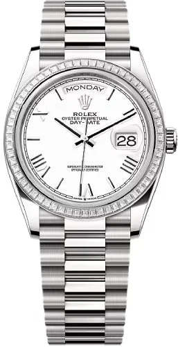 Rolex Day-Date 36 36mm White Roman Dial Diamond-Set Bezel President Bracelet - 128399TBR | 2024 Model