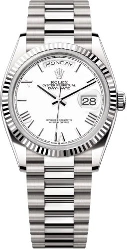 Rolex Day-Date 36 36mm White Roman Dial Fluted Bezel President Bracelet - 128239 | 2024 Model