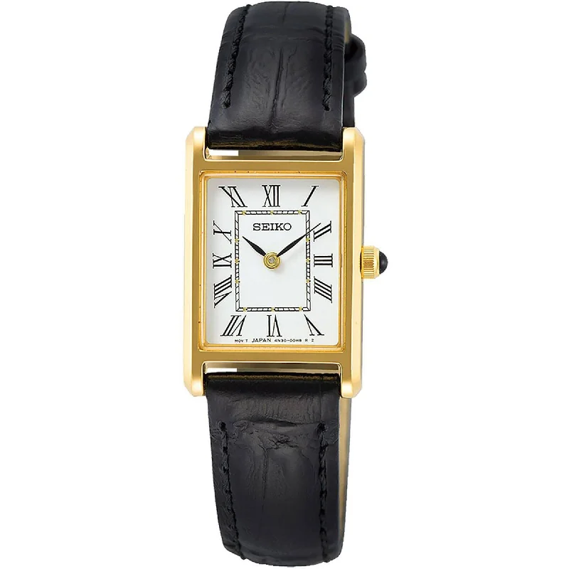 Seiko Women's Watch - Essentials Yellow Gold Case Black Leather Strap | SWR054P1