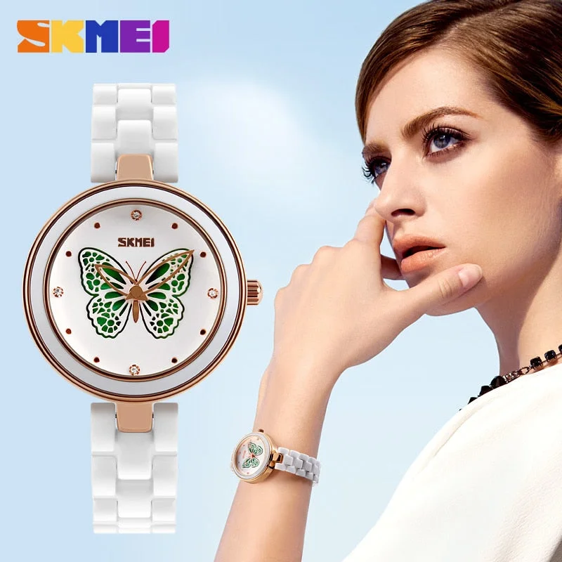 SKMEI Brand Womens Watches Luxury Ceramic Band Quartz Watch Women Waterproof Fashion Dress Rhinestone Ladies Wrist Watch