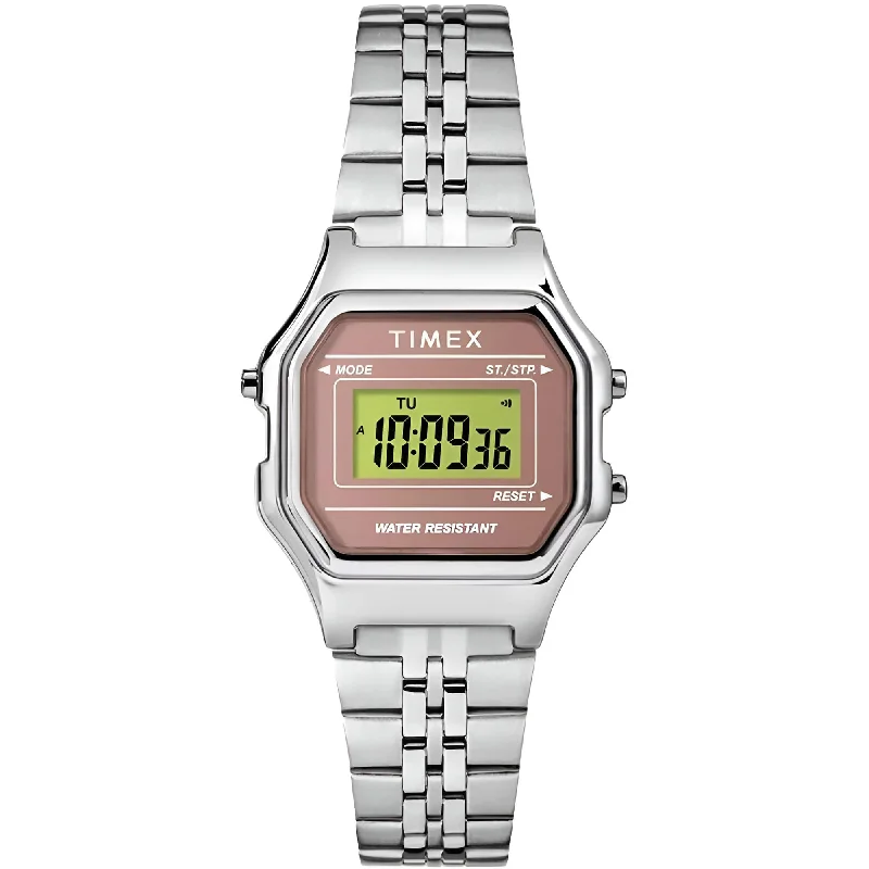 Timex Women's Watch - Pink and Grey Dial Silver Steel Bracelet Digital | TW2T48500