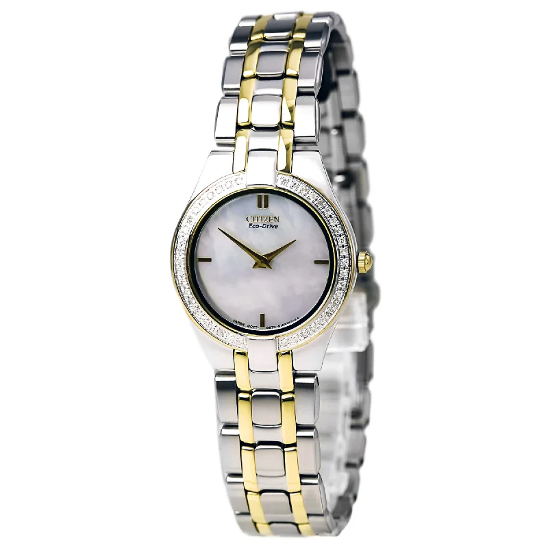 Citizen Women's Diamond Watch - Stiletto Eco Drive Two Tone Yellow Steel MOP Dial