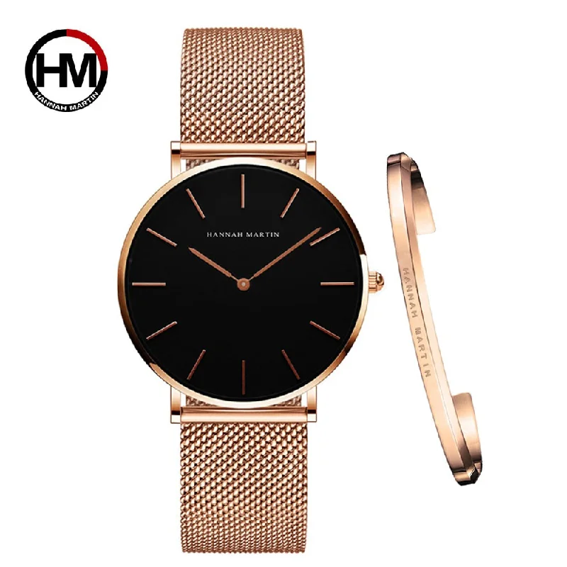 Women Watch 1 set Bracelet Japan Quartz Movement Simple Waterproof Rose Gold Stainless Steel Mesh Ladies watch