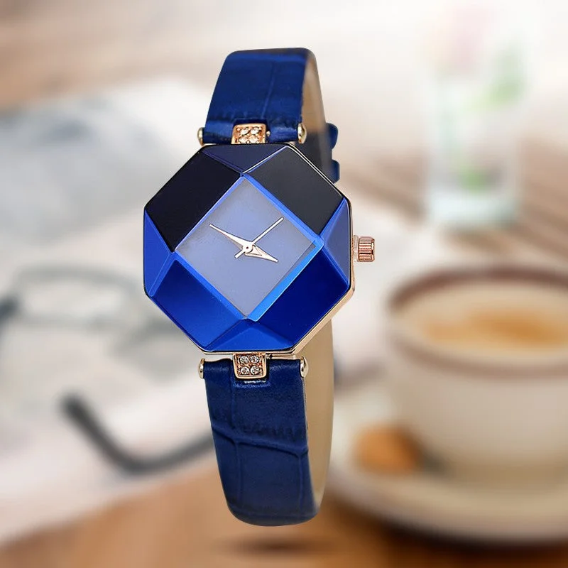 Women Watches Gem Cut Geometry Crystal Leather Quartz Wristwatch Fashion Dress Watch Ladies Gifts Clock